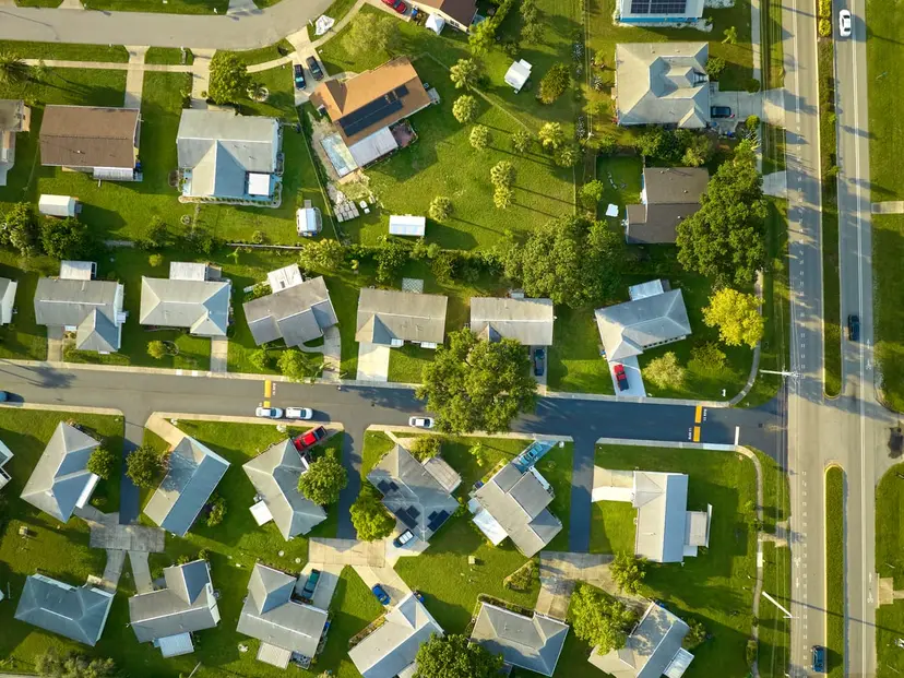 Aerial view of an American suburban neighbourhood of houses and streets